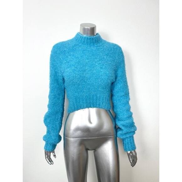 Turquoise Sweater Crop Y2K Fuzzy Boucle Pullover Urban Outfitters - Picture 1 of 8